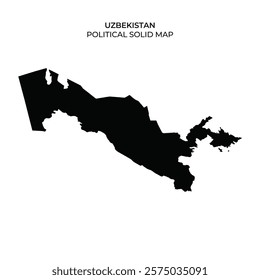 This visual showcases the political solid map of Uzbekistan, highlighting its geographic shape. The map is presented in a simple black silhouette on a plain background.