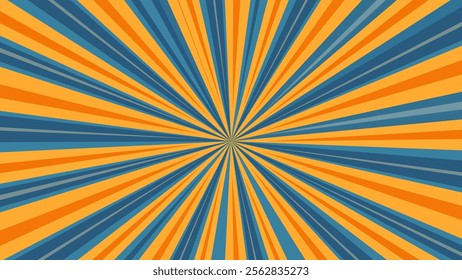 This visually striking illustration features a radial burst pattern with alternating orange and blue rays emanating from a central point.