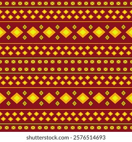 This visually striking pattern features a bold, geometric design with a rich, earthy color palette of deep reds and vibrant golds. The repeating triangular shapes create a dynamic, handcrafted.