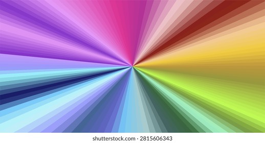 This vivid abstract artwork features a dynamic radial burst effect, with smooth, layered color bands radiating outward from a single central point to fill the entire frame. The seamless spectrum covers every hue of the rainbow: soft purples and bright pinks blend into deep reds, warm oranges, sunny yellows, fresh greens, and vivid blues and cyans, creating a sense of energy, light, and infinite expansion. The clean, striped gradient flow gives a striking sense of movement and depth, ideal for modern, vibrant, and uplifting visual projects.