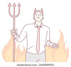 This is a vivid cartoonstyle portrayal of a devilish figure, complete with a trident, surrounded by raging flames