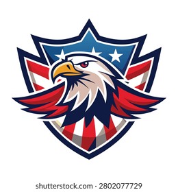 This vivid graphic illustration displays a sharp bald eagle head facing left with intense eyes and a yellow beak. The majestic bird is positioned over a detailed shield featuring red white and blue patriotic stripes which symbolize power and strength.