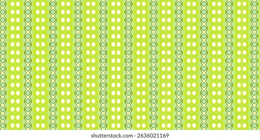 This vivid green and yellow seamless pattern features repeating diamond and oval motifs inspired by ethnic textile designs.