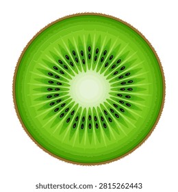 This vivid macro shot captures the intricate inner beauty of a sliced kiwi fruit displaying bright green flesh patterns and numerous tiny black seeds arranged in a radial design enclosed by a textured hairy brown skin isolated against a clean white backdrop