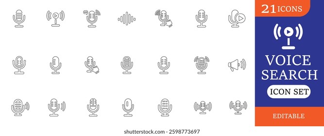This Voice Search Icon Set features 21 clean and professional icons, ideal for apps, websites, and AI-based voice recognition projects. Includes various microphone and sound wave designs.