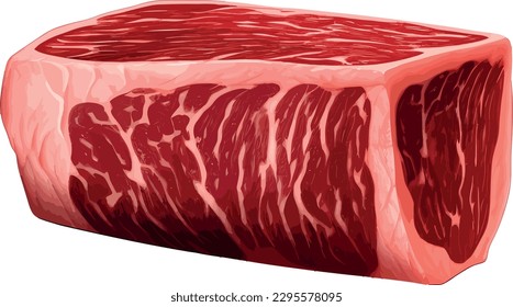 This wagyu beef illustration showcases a marbled piece of meat, with fine veins of intramuscular fat running through it.