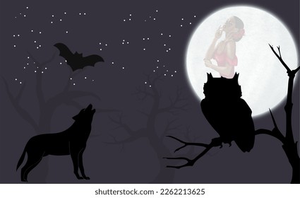 This wallpaper design Features a striking image of a girl illuminated by the full moon, surrounded by a pack of howling wolves, fluttering bats, and watchful owls. 