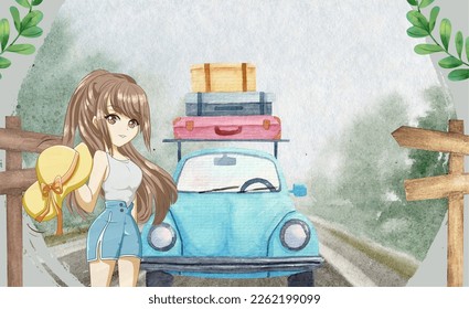 This wallpaper design showcases a beautiful girl standing in front of a car while holding her hat. The girl exudes a sense of freedom and adventure, Vector Illustration.