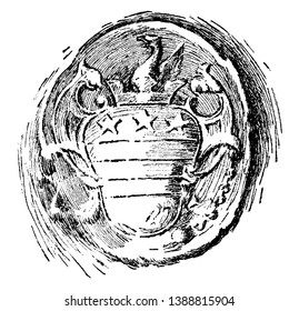 This is Washington's Seal (From a Letter to Bouquet, 1758), it's design looks like the design printed on Washington's Arms, it has shield picture and dragon on top of it, vintage line drawing