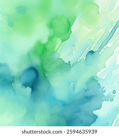 This watercolor abstract background features soft shades of green and blue, creating a serene and vibrant ambiance ideal for various artistic and design applications. Perfect for digital or print use