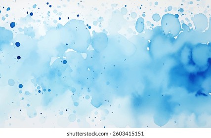 This watercolor abstract background features various shades of blue intertwined with soft textures and fluid shapes. The blend of colors creates a calming and artistic atmosphere suitable for creative
