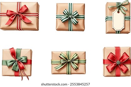 This watercolor illustration showcases six distinct gift-wrapping items arranged in two rows. Each item features unique ribbons and tags, ideal for holiday occasions and Christmas gifting.