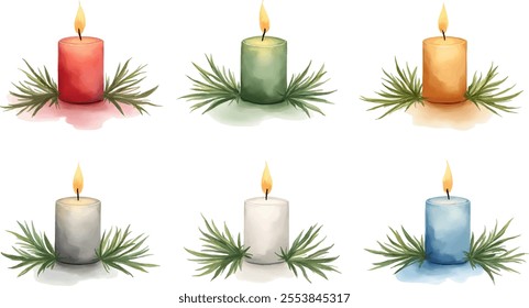 This watercolor illustration showcases six colorful candles, arranged in two rows with three candles each. Each candle is set on greenery, creating a warm and festive atmosphere.