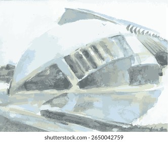 This watercolor painting beautifully captures the Hemisfèric in Valencia, Spain, with its iconic eye-shaped architecture reflected on the still surface of the surrounding water. The soft, fluid brushs