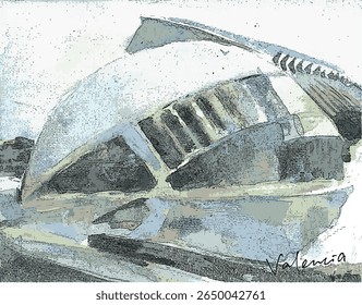 This watercolor painting beautifully captures the Hemisfèric in Valencia, Spain, with its iconic eye-shaped architecture reflected on the still surface of the surrounding water. The soft, fluid brushs