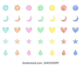 This watercolor shape set features colorful and soft designs including circles, crescent moons, hearts, stars, and drops. Perfect for use in decorative elements, backgrounds for creative projects.