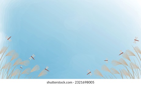 This is a watercolor style background illustration frame of clear autumn sky featuring silver grass and red dragonflies.