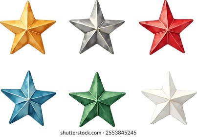 This watercolor style illustration features six decorative stars in various colors, neatly arranged in two rows. These bright stars are perfect for adding a festive touch to holiday celebrations.