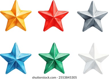 This watercolor style illustration features six vibrant star ornaments arranged in two rows of three. Each star has a distinct color, adding a cheerful touch to Christmas decorations.