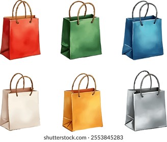 This watercolor style illustration presents six shopping bags in vibrant colors, arranged in two rows with three bags each, showcasing a festive atmosphere perfect for holiday themes.