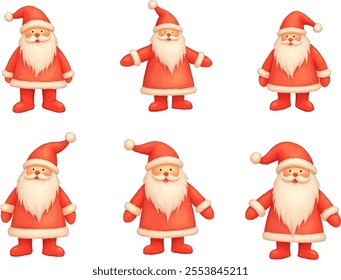 This watercolor style illustration showcases six Santa figures, each wearing bright red suits and hats. Arranged in two rows, these jolly characters radiate the joy of the holiday season.