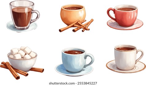 This watercolor style illustration showcases six winter hot drink items, arranged in two rows. Each drink is paired with festive elements, creating a warm holiday atmosphere.