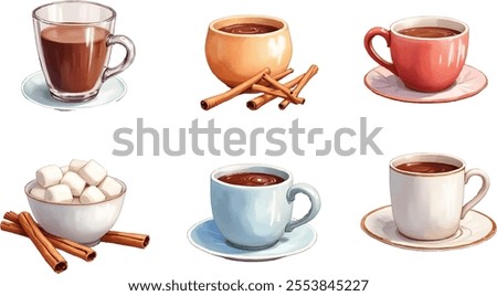 This watercolor style illustration showcases six winter hot drink items, arranged in two rows. Each drink is paired with festive elements, creating a warm holiday atmosphere.