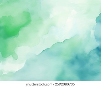 This watercolor vector background features gentle shades of green and blue blending seamlessly. Soft brush strokes and splashes create an abstract design that evokes calmness