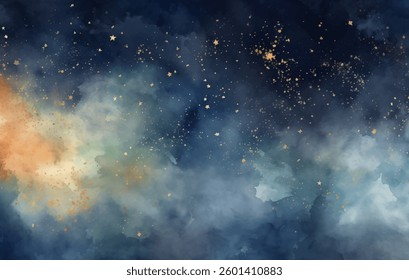 This watercolor vector background features a stunning night sky filled with shimmering golden stars against deep blue textures. Perfect for any creative design or artwork