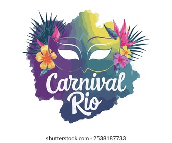 This watercolor-style vector logo captures the essence of the Rio Carnival with a simple yet striking design. It features a beautifully rendered mask adorned with gradient splashes of purple, teal, an