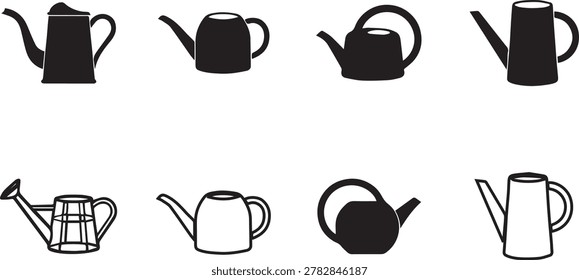 This watering can silhouette set presents eight distinct designs arranged in two rows. The top row features solid black silhouettes, emphasizing bold, filled shapes, while the bottom row mirrors them in clean outline form, highlighting contour and structure. Each watering can varies in spout length, handle placement, and body shape, offering a diverse representation of traditional and modern styles. The contrast between filled and outlined versions demonstrates how form can be conveyed through different graphic techniques. This versatile collection works well for **gardening icons**, **vector design**, or **stock illustrations**, symbolizing care, growth, and nurturing.