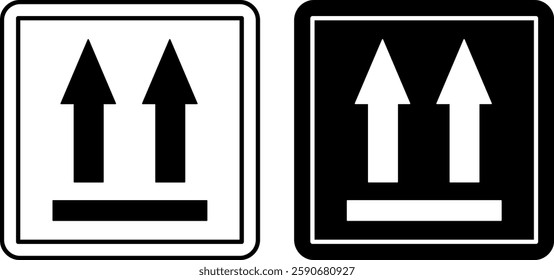 This Way Up Icons. Labels for Cardboard Packaging. Warning Symbol, Handle with Care. Correct Position of Load. Illustration on White and Black Background.