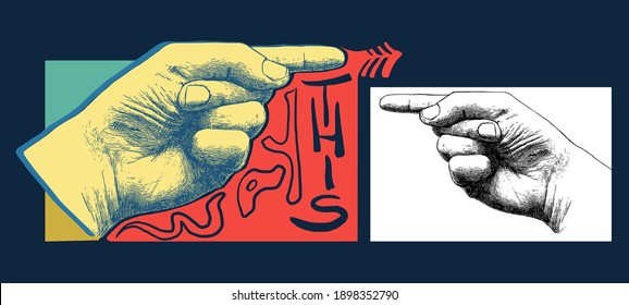 Auf diese Weise mit dem Finger zeigen. Vektorfarbiges Design und gravierte Vintage-Illustration einzeln auf Weiß. Handgezeichneter Retro-Zeiger