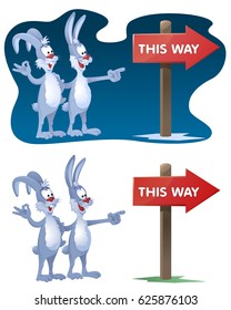 This way. Rabbits found the signpost. Cartoon styled vector illustration. Elements is grouped for easy edit. No transparent objects.  On dark  background and isolated on white.