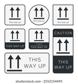 Por Aquí Arriba. Indicador de Orientación correcto. Símbolo de empaquetado. Signo y etiqueta que indica los paquetes que deben mantenerse en posición vertical para proteger el contenido. Flechas hacia arriba - Símbolo de Vector