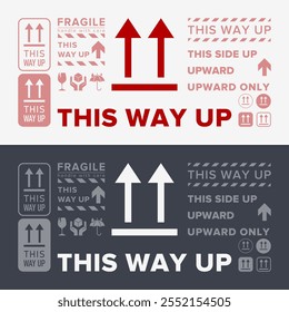Por Aquí Arriba. Indicador de Orientación correcto. Símbolo de empaquetado. Signo y etiqueta que indica los paquetes que deben mantenerse en posición vertical para proteger el contenido. Flechas hacia arriba - Símbolo de Vector