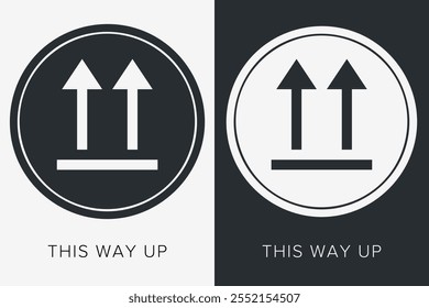 Por Aquí Arriba. Indicador de Orientación correcto. Símbolo de empaquetado. Signo y etiqueta que indica los paquetes que deben mantenerse en posición vertical para proteger el contenido. Flechas hacia arriba - Símbolo de Vector