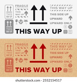 Por Aquí Arriba. Indicador de Orientación correcto. Símbolo de empaquetado. Signo y etiqueta que indica los paquetes que deben mantenerse en posición vertical para proteger el contenido. Flechas hacia arriba - Símbolo de Vector