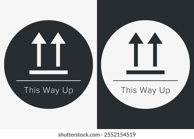 Por Aquí Arriba. Indicador de Orientación correcto. Símbolo de empaquetado. Signo y etiqueta que indica los paquetes que deben mantenerse en posición vertical para proteger el contenido. Flechas hacia arriba - Símbolo de Vector