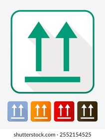 Por Aquí Arriba. Indicador de Orientación correcto. Símbolo de empaquetado. Signo y etiqueta que indica los paquetes que deben mantenerse en posición vertical para proteger el contenido. Flechas hacia arriba - Símbolo de Vector
