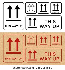 Por Aquí Arriba. Indicador de Orientación correcto. Símbolo de empaquetado. Signo y etiqueta que indica los paquetes que deben mantenerse en posición vertical para proteger el contenido. Flechas hacia arriba - Símbolo de Vector