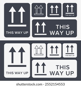 Por Aquí Arriba. Indicador de Orientación correcto. Símbolo de empaquetado. Signo y etiqueta que indica los paquetes que deben mantenerse en posición vertical para proteger el contenido. Flechas hacia arriba - Símbolo de Vector