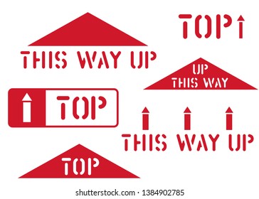 This way up, top, handle with care, fragile retro sticker box sign. Logistics clean rubber stamp set for cargo and logistics. Vector illustration with arrow.