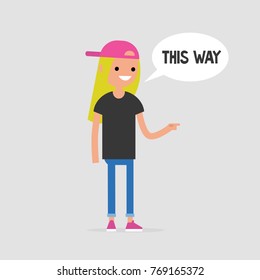 This way. Young female character pointing at the right direction. Navigation. Speech bubble. Flat editable vector illustration, clip art