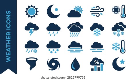 This weather forecast vector icon set shows sun moon clouds wind thermometer thunderstorm rain snow hail fog tornado hurricane water drop humidity percentage and night sky forecast symbols. It is useful for websites mobile apps infographics posters product pages social media posts and professional design projects.