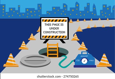 This Webpage is Under Construction concept. A manhole with warning sign and traffic cones on a road as a symbol of web development's work in progress.