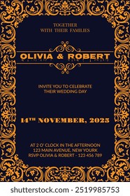 This wedding card design features delicate vector artwork with soft, romantic elements. At the center, beautifully scripted typography showcases the names of the couple,