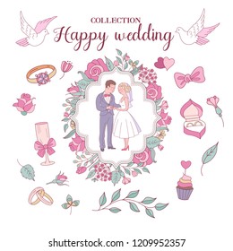 With this wedding invitation decoration kit, you can create an infinite number of customized designs. Brides and grooms, rings, flowers, white doves. Vector illustration. Isolated on white background.