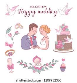 With this wedding invitation decoration kit, you can create an infinite number of customized designs. Brides and grooms, rings, flowers, white doves. Vector illustration. Isolated on white background.