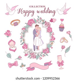 With this wedding invitation decoration kit, you can create an infinite number of customized designs. Brides and grooms, rings, flowers, white doves. Vector illustration. Isolated on white background.